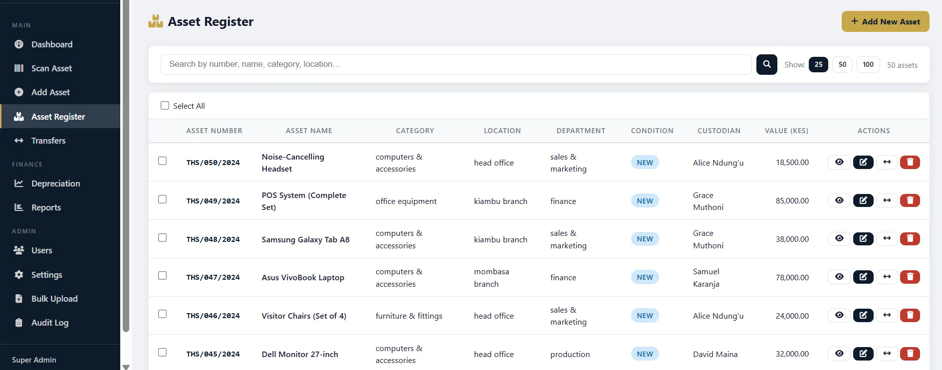 Asset list view showing tag numbers, names, status and condition labels