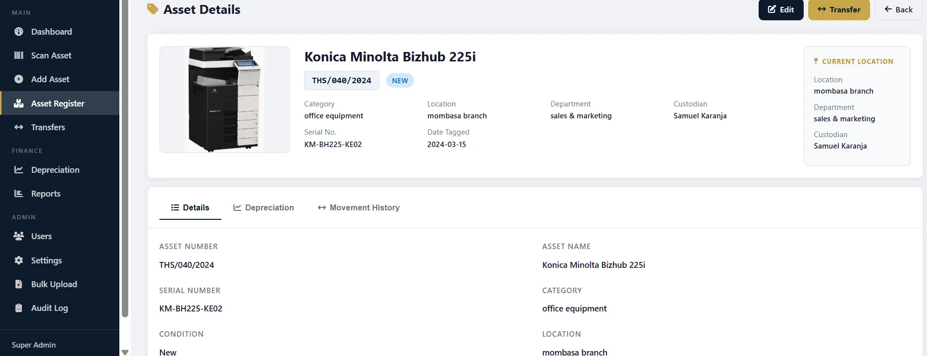 Asset detail page showing automatic depreciation calculation, custodian and location history