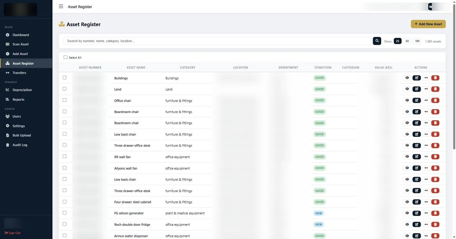 Asset Register list view in the STL asset management system showing asset number, name, category, location, department, condition, custodian and value