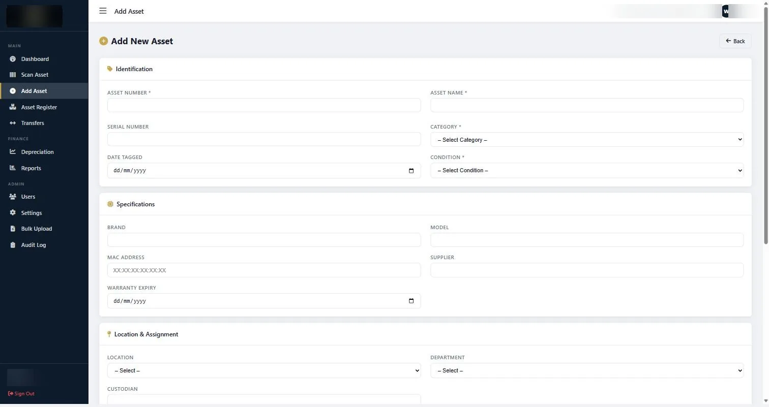 Add New Asset form in the STL asset management system with fields for asset number, name, serial, category, condition, location, department, custodian and purchase price