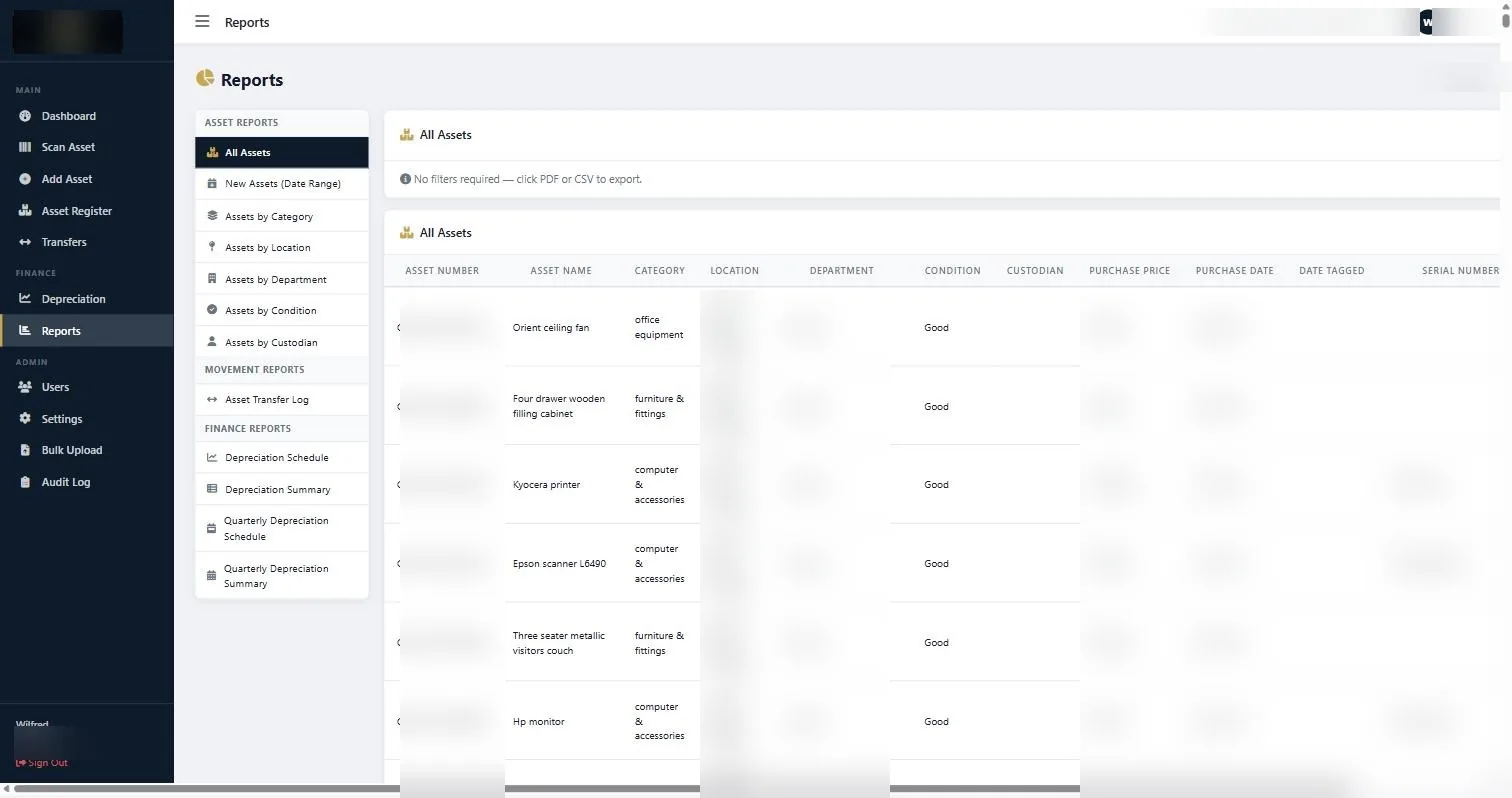 Reports screen in the STL asset management system listing asset, movement and finance reports with CSV and PDF export options